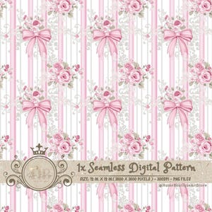 Carta da parati digitale con motivo a strisce di fiori con fiocco rosa, motivo senza cuciture, carta da parati con ritagli, motivo a strisce di fiori con fiocco rosa, motivo a strisce vintage in tessuto, carta da matrimonio