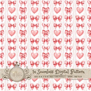 Valentines Bow and Hearts Stripe Seamless Pattern Bows Watercolor Digital Paper Valentines Bow and Hearts Stripe Patterns Scrapbook Paper