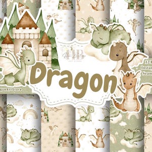 Niedliche Drachen Aquarell Digitales Papier Pack Drachen Nahtlose Muster Kinderzimmer Digital Papier Drachen Sammelalbum Drachen Baby Shower Papier Geschenk Dekor