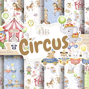 Watercolor Circus Digital Paper Pack Circus Seamless Pattern Nursery Circus Digital Paper Circus Scrapbook Circus Baby Shower Paper Gift