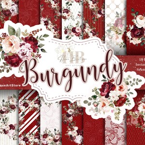 Confezione di carta digitale con fiori bordeaux, motivo floreale, confezione di carta con motivo senza cuciture bordeaux, carta per scrapbooking floreale bordeaux, carta glitterata dorata