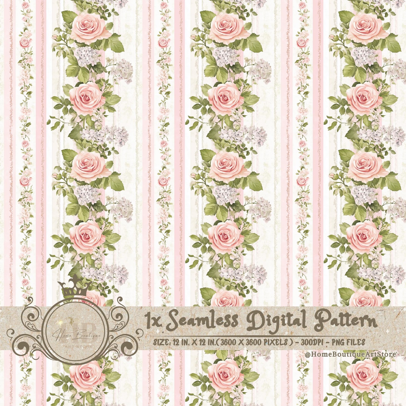 Roses Hydrangea Stripe Seamless Pattern Roses Watercolor Digital Paper ...