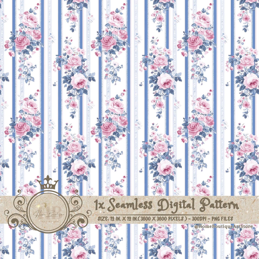 Blue Stripe Seamless Pattern Pink Floral Digital Paper Wallpaper ...