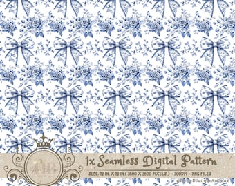 Blue Bow Toile Seamless Patterns Bows Coquette Digital Paper Wallpaper Scrapbook Paper Chinoiserie Floral Pattern Vintage Floral Patterns