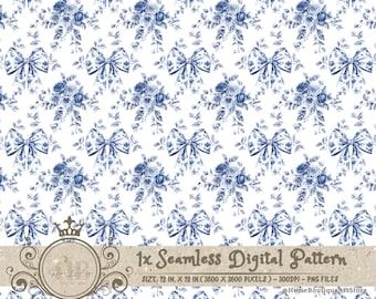 Blue Bow Toile Seamless Patterns Bows Coquette Digital Paper Wallpaper Scrapbook Paper Chinoiserie Floral Pattern Vintage Floral Patterns