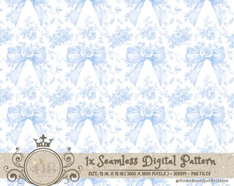 Blue Toile Coquette Seamless Patterns Bows Digital Paper Wallpaper Scrapbook Paper Blue Chinoiserie Floral Pattern Vintage Floral Patterns