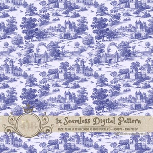 Blue LandscapeToile Seamless Patterns French Toile Digital Paper Wallpaper Scrapbook Paper Blue Landscape Pattern Vintage Blue Toile Pattern