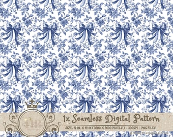 Blue Toile Coquette Seamless Patterns Bows Digital Paper Wallpaper Scrapbook Paper Blue Chinoiserie Floral Pattern Vintage Floral Patterns