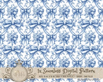 Blue Toile Coquette Seamless Patterns Bows Digital Paper Wallpaper Scrapbook Paper Blue Chinoiserie Floral Pattern Vintage Floral Patterns