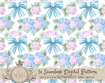 Blue Bow Hydrangea Seamless Pattern Hydrangea Watercolor Digital Paper Hydrangea Scrapbook Blue Bow Floral Pattern Vintage Floral Patterns