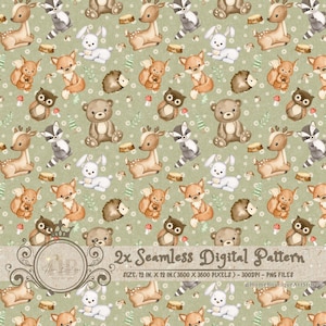 May include: A seamless digital pattern featuring a variety of woodland animals, including deer, foxes, squirrels, hedgehogs, owls, and rabbits. The animals are illustrated in a watercolour style on a green background with white flowers and mushrooms.