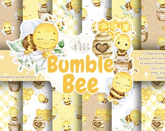 Paquete de papel digital con diseño de abeja de acuarela, diseño sin costuras de mariquita y abeja, álbum de recortes de abejas, papel digital para regalo de niña, paquete de papel con diseño de abeja