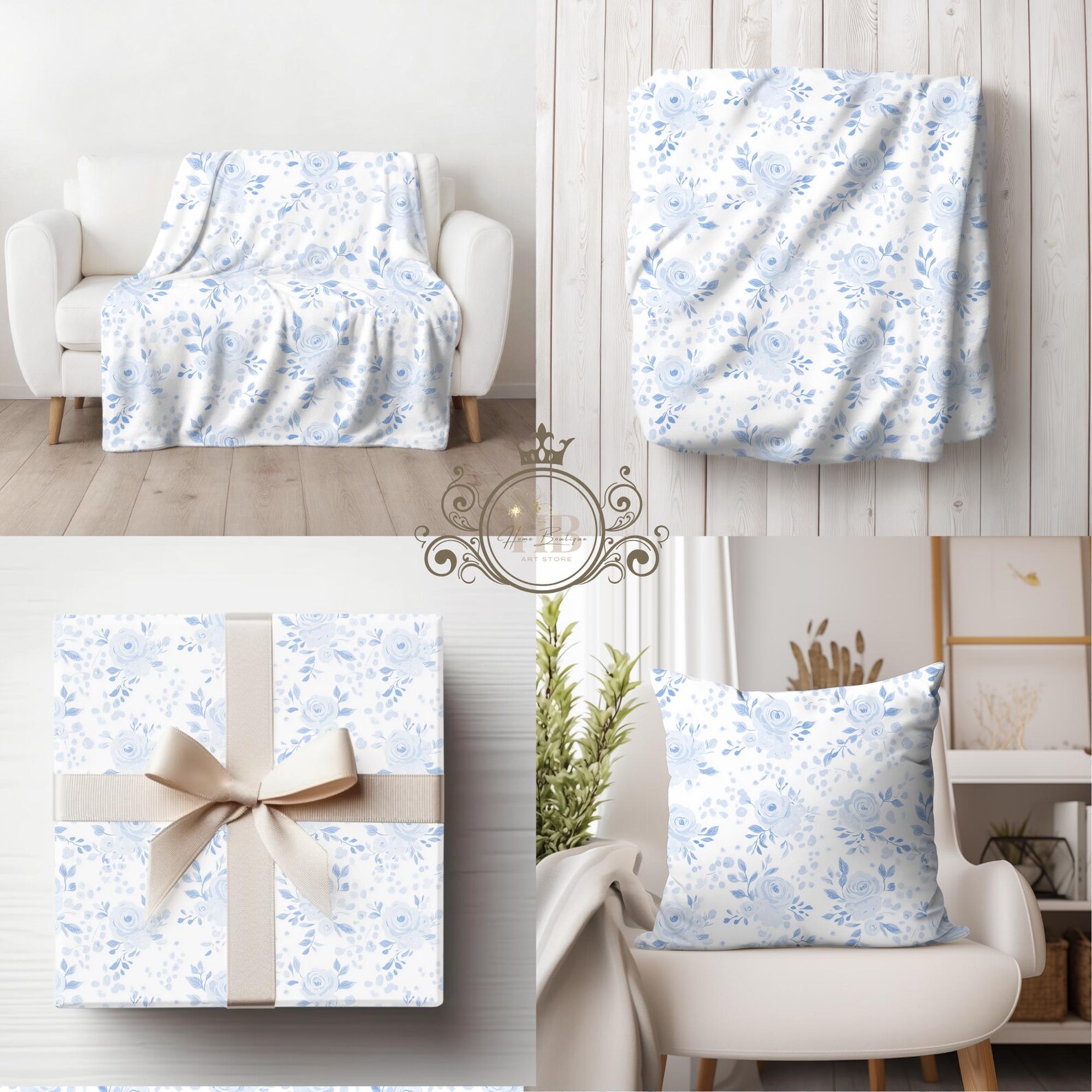 Blue Roses Toile Floral Seamless Pattern Roses Toile Watercolor Digital ...