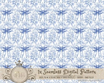 Blue Toile Coquette Seamless Patterns Bows Digital Paper Wallpaper Scrapbook Paper Blue Chinoiserie Floral Pattern Vintage Floral Patterns