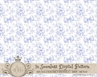 Blue Toile Coquette Seamless Patterns Bows Digital Paper Wallpaper Scrapbook Paper Blue Chinoiserie Floral Pattern Vintage Floral Patterns