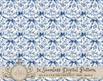 Blue Toile Coquette Seamless Patterns Bows Digital Paper Wallpaper Scrapbook Paper Blue Chinoiserie Floral Pattern Vintage Floral Patterns