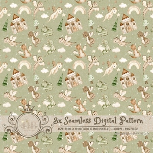 May include: A seamless digital pattern featuring a whimsical design of dragons, castles, and rainbows on a green background. The pattern is perfect for creating fabric, wallpaper, or other craft projects.