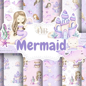 Meerjungfrau Aquarell Digitales Papier Pack kleine Meerjungfrau Musterdesign Digitales Papier Sammelalbum Ozean Tiere Baby Shower Papier Geschenk