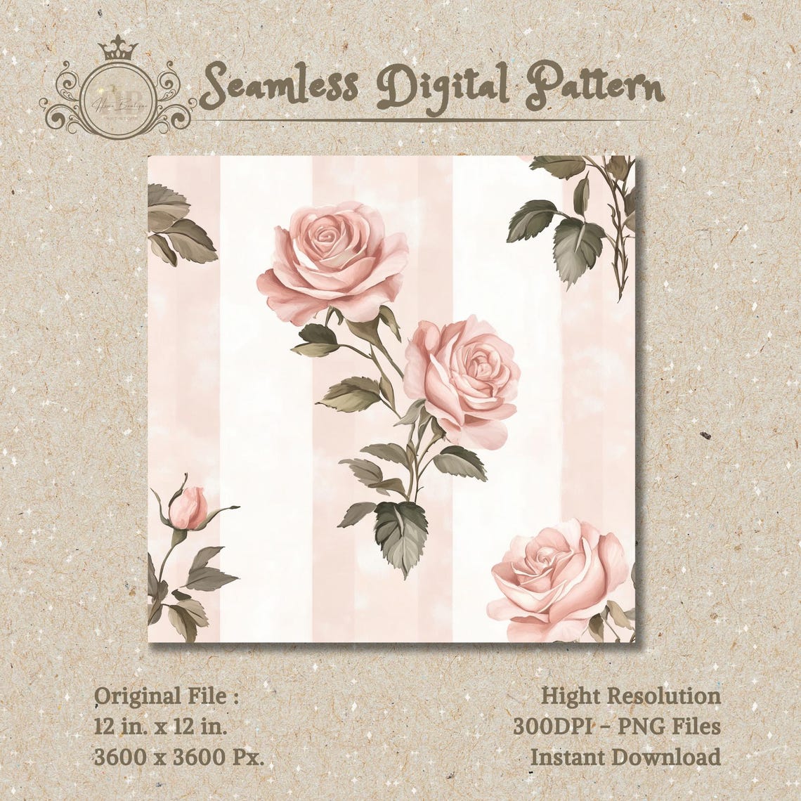 Valentines Roses Stripe Seamless Pattern Roses Watercolor Digital Paper ...