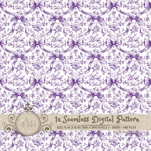 Può includere: Un motivo digitale senza cuciture con un design ripetuto di fiocchi viola ed elementi floreali su sfondo bianco. I fiocchi hanno lunghi nastri fluenti e i fiori sono dettagliati con linee delicate. Il motivo misura 30,48 cm per 30,48 cm.