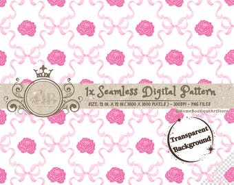 Coquette Bows Roses Seamless Pattern Pink Coquette Bows Pattern Pink Roses Watercolor Paper Valentines Digital Paper Transparent Background