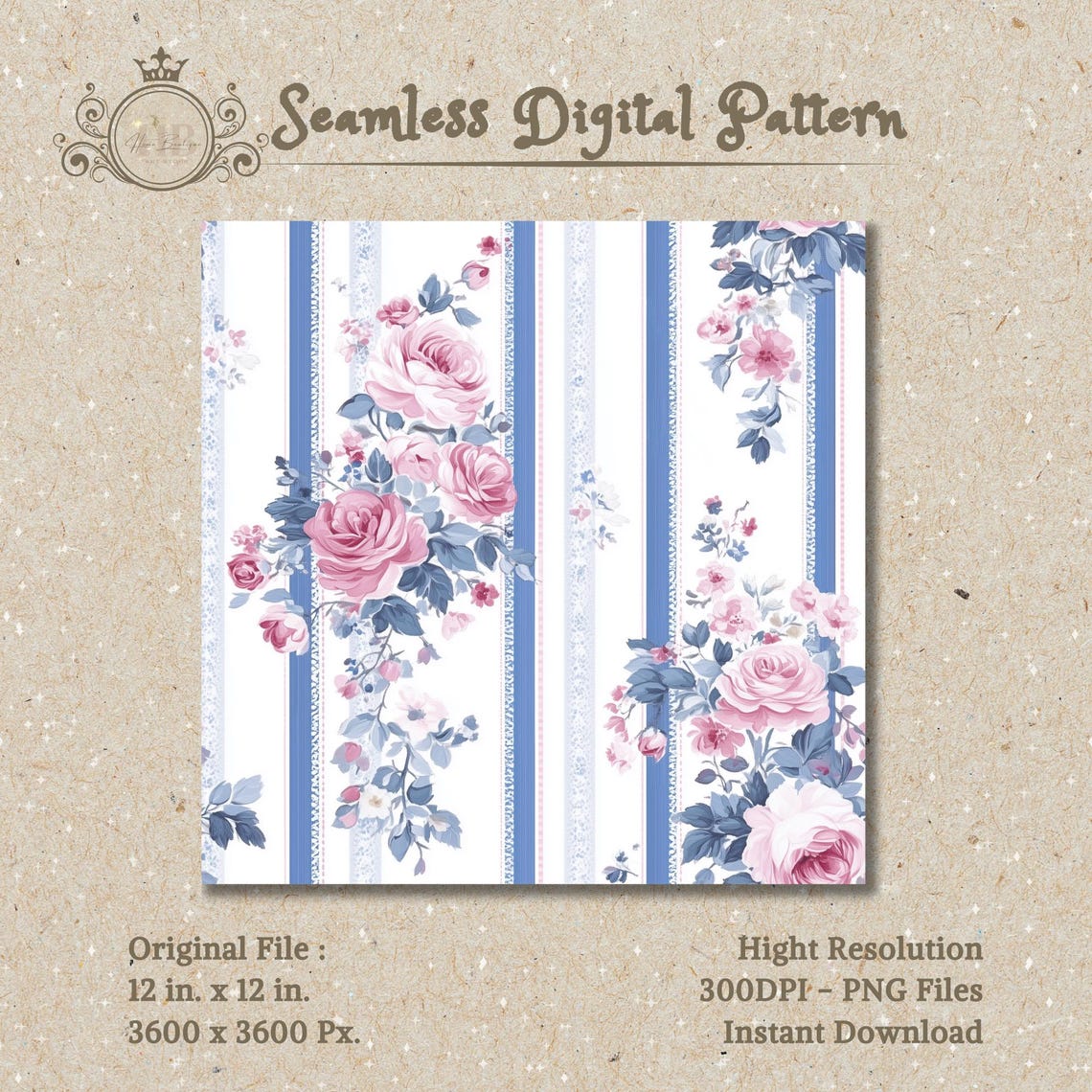 Blue Stripe Seamless Pattern Pink Floral Digital Paper Wallpaper ...