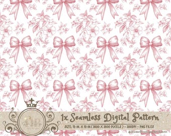 Pink Toile Coquette Seamless Patterns Bows Digital Paper Wallpaper Scrapbook Paper Pink Chinoiserie Floral Pattern Vintage Floral Patterns