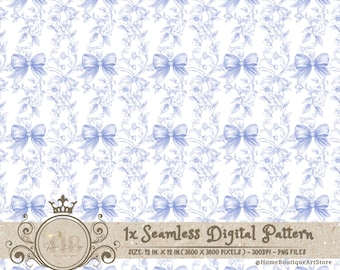 Blue Toile Coquette Seamless Patterns Bows Digital Paper Wallpaper Scrapbook Paper Blue Chinoiserie Floral Pattern Vintage Floral Patterns
