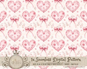 Valentines Bows and Hearts Watercolor Digital Paper Valentines Bows and Hearts Seamless Pattern Hearts Pattern Bow Scrapbook Paper