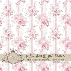 May include: A seamless digital pattern featuring a repeating floral design with pink roses and foliage. The pattern includes vertical stripes in white and pink. The image text reads "1x Seamless Digital Pattern" and "SIZE: 12 IN. X 12 IN. (3600 X 3600 PIXELS) - 300DPI - PNG FILES".
