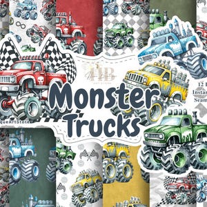 Aquarell Monstertrucks digitales Papier Pack Monstertrucks Nahtlose Muster Papier Lastwagen Sammelalbum Kindergarten Junge LKW Geschenk Art