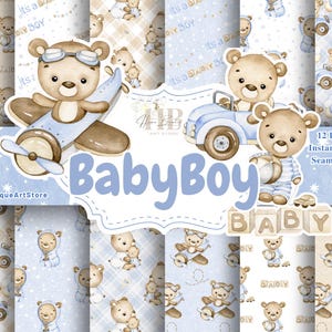 Watercolor Baby Boy Digital Paper Pack Teddy Bear Seamless Pattern It's a Boy Scrapbook Nursery Baby Boy Digital Paper Gift Boy Paper Pack
