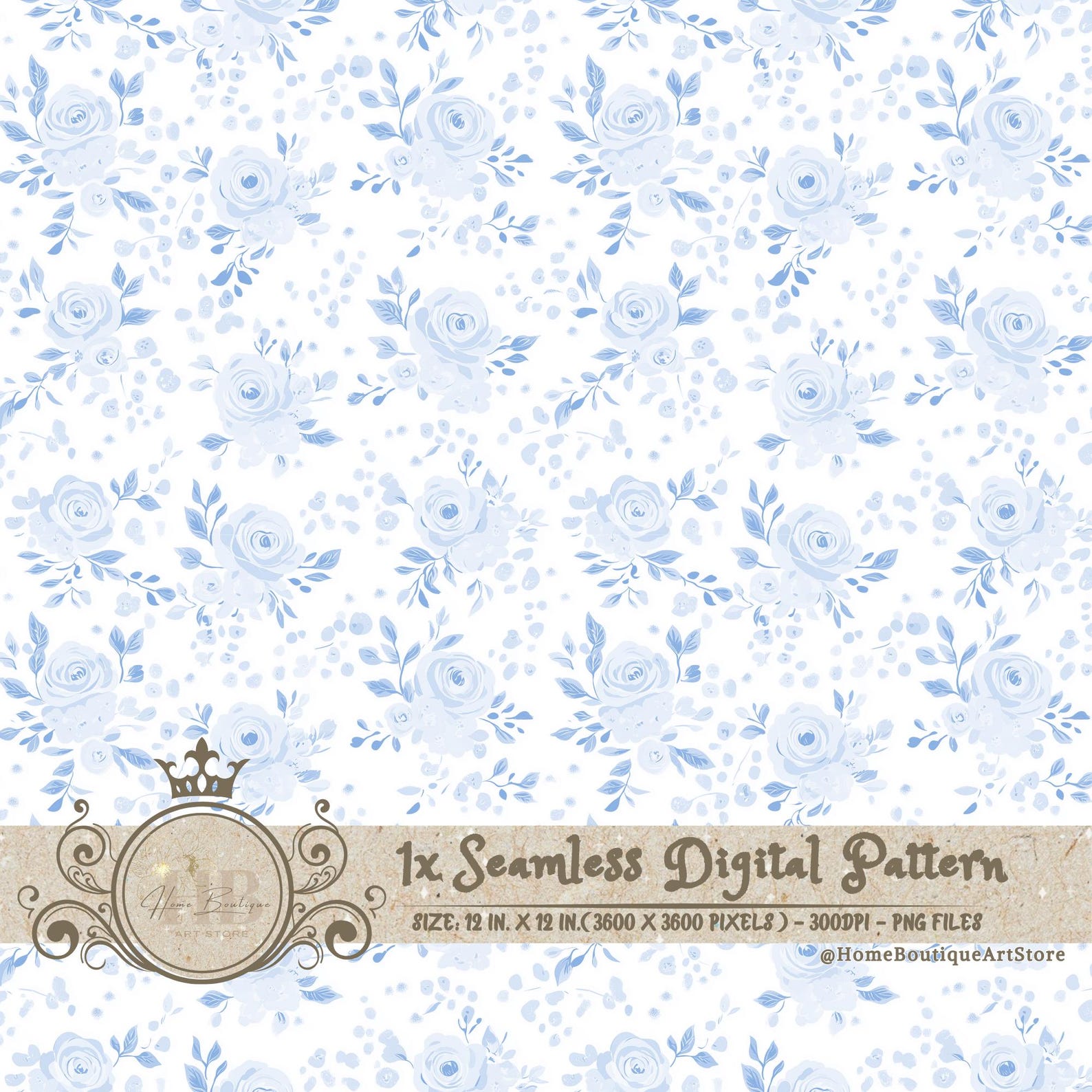 Blue Roses Toile Floral Seamless Pattern Roses Toile Watercolor Digital ...