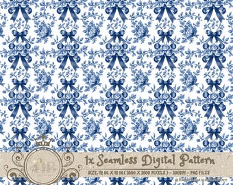 Blue Toile Coquette Seamless Patterns Bows Digital Paper Wallpaper Scrapbook Paper Blue Chinoiserie Floral Pattern Vintage Floral Patterns