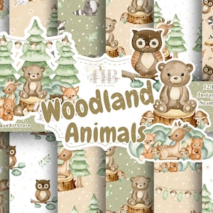 Confezione di carta digitale per acquerello con animali del bosco Modello senza cuciture del bosco Carta digitale per bambini Animali del bosco Scrapbook Carta regalo per animali del bosco