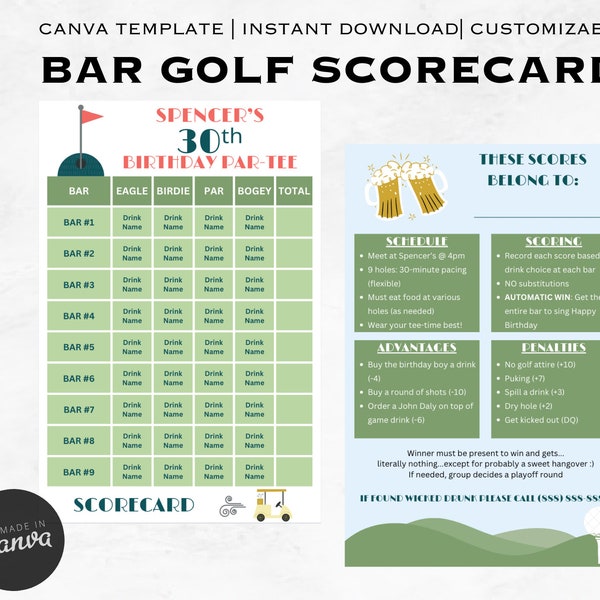 Bar Golf Scorecard | Editable Canva Template | Printable Bar Golf | Birthday Bar Golf | Bachelor Bar Golf |Bar Crawl | Drinking Games