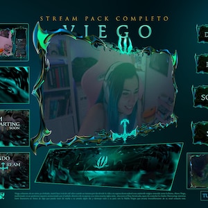 Puede incluir: Un paquete de streaming digital verde y azul con el texto "STREAM PACK COMPLETO VIEGO" en la parte superior. El paquete incluye una variedad de elementos, como una superposición de cámara web, una pantalla de inicio de transmisión, un cuadro de chat y un panel de donaciones. El paquete también incluye una variedad de botones, como "Discord", "Reglas", "Sobre Mi" y "Setup".