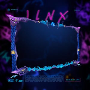 May include: A purple and blue animated Twitch overlay with a black background and the text "LNX" in pink. The overlay has a blue and white flame design at the bottom and the text "TUTORIAL OBS" in white at the bottom right.