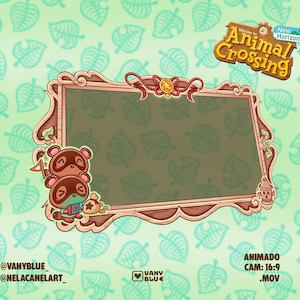 Puede incluir: Ilustración digital con un marco decorativo marrón y beige, adornado con personajes de dibujos animados de Animal Crossing. El fondo es verde claro con patrones de hojas. El texto "Animal Crossing" es visible.