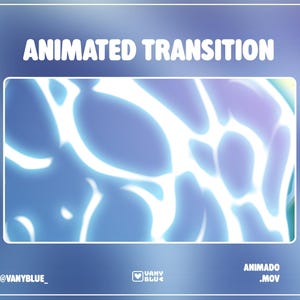 May include: Animated transition graphic with a blue and white abstract design. The text "ANIMATED TRANSITION" is at the top. The bottom right corner has the text "ANIMADO .MOV". The graphic has a blue gradient background.