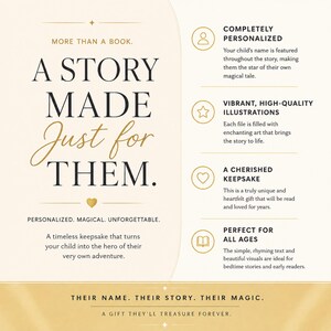 K&ouml;nnte beinhalten: Eine cremefarbene Infografik mit goldenem Text und Symbolen. Der Text lautet: MORE THAN A BOOK. A STORY MADE Just for THEM. PERSONALIZED. MAGICAL. UNFORGETTABLE. A timeless keepsake that turns your child into the hero of their very own adventure. THEIR NAME. THEIR STORY. THEIR MAGIC. A GIFT THEY'LL TREASURE FOREVER. Sie enth&auml;lt vier Abschnitte mit Symbolen f&uuml;r personalisierte Geschichten, hochwertige Illustrationen, Erinnerungsst&uuml;cke und altersgerechte Inhalte.