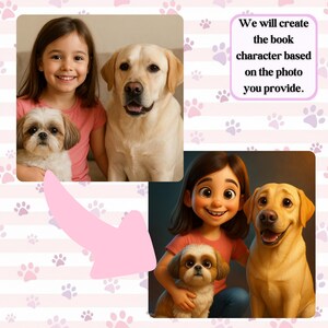 K&ouml;nnte beinhalten: Eine Collage mit einem Foto eines Kindes mit einem kleinen wei&szlig;-braunen Hund und einem gro&szlig;en gelben Labrador sowie einer stilisierten digitalen Illustration derselben Motive. Der Text lautet: We will create the book character based on the photo.