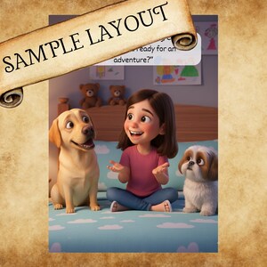 K&ouml;nnte beinhalten: Eine Illustration im Cartoon-Stil mit einem Kind mit braunen Haaren in einem rosa T-Shirt und blauer Hose, das auf einem Bett mit einem gelben Labrador und einem kleinen wei&szlig;-braunen Hund sitzt. Ein Banner oben zeigt SAMPLE LAYOUT und ready for an adventure?
