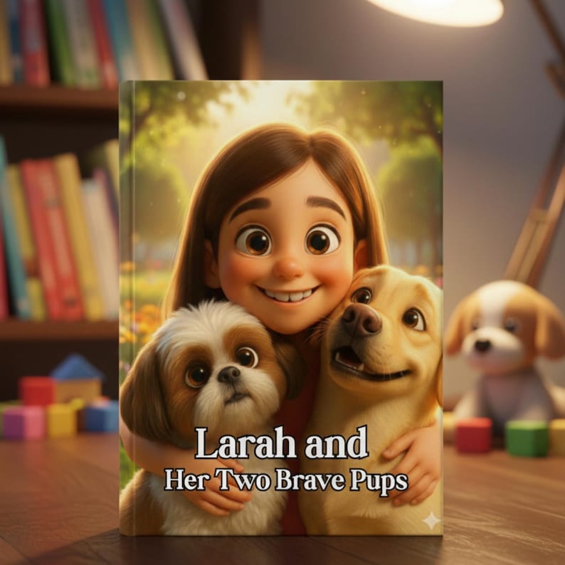 K&ouml;nnte beinhalten: Ein Hardcover-Buchcover mit einer Cartoon-Illustration eines l&auml;chelnden Kindes mit braunen Haaren, das zwei Hunde umarmt, einen braun-wei&szlig;en und einen goldenen. Der Text auf dem Cover lautet, Larah and Her Two Brave Pups, in wei&szlig;er Schrift.