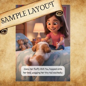 K&ouml;nnte beinhalten: Eine digitale Illustration mit einer jungen Person mit braunen Haaren in einem rosa T-Shirt, die auf einem Bett mit zwei Teddyb&auml;ren sitzt. Ein braun-wei&szlig;er Shih Tzu Welpe schaut die Person an. Der Text lautet: SAMPLE LAYOUT und Coco, her fluffy Shih Tzu, hopped onto her bed, wagging her tiny tail excitedly.