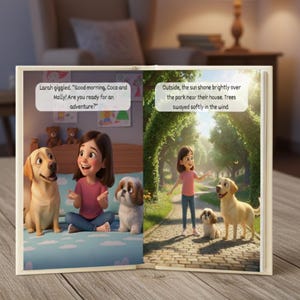 K&ouml;nnte beinhalten: Ein aufgeschlagenes Kinderbuch mit zwei illustrierten Seiten, die ein M&auml;dchen, einen Golden Retriever und einen kleinen Shih Tzu zeigen. Die linke Seite zeigt sie in einem Schlafzimmer mit Sprechblasen. Die rechte Seite zeigt sie auf einem Parkweg.