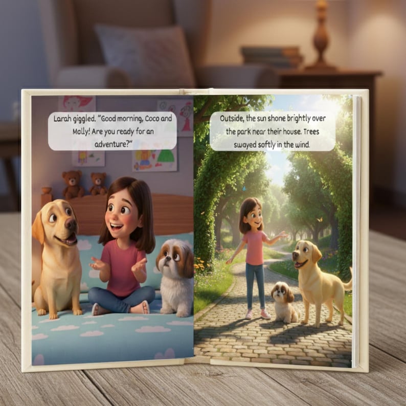 K&ouml;nnte beinhalten: Ein aufgeschlagenes Kinderbuch mit zwei illustrierten Seiten, die ein M&auml;dchen, einen Golden Retriever und einen kleinen Shih Tzu zeigen. Die linke Seite zeigt sie in einem Schlafzimmer mit Sprechblasen. Die rechte Seite zeigt sie auf einem Parkweg.