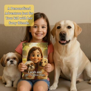 K&ouml;nnte beinhalten: Ein gebundenes Buch mit dem Titel Larah and Her Two Brave Pups und einem illustrierten Cover, das ein M&auml;dchen und zwei Hunde zeigt. Der Text auf dem Cover lautet Larah and Her Two Brave Pups. Ein gelbes Feld dar&uuml;ber enth&auml;lt den Text A Personalized Adventure Just for Your kid with her furry friends.