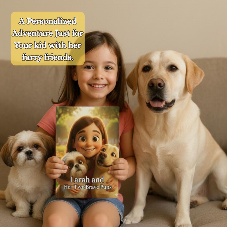K&ouml;nnte beinhalten: Ein gebundenes Buch mit dem Titel Larah and Her Two Brave Pups und einem illustrierten Cover, das ein M&auml;dchen und zwei Hunde zeigt. Der Text auf dem Cover lautet Larah and Her Two Brave Pups. Ein gelbes Feld dar&uuml;ber enth&auml;lt den Text A Personalized Adventure Just for Your kid with her furry friends.
