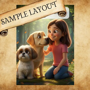K&ouml;nnte beinhalten: Eine digitale Illustration mit einem braunhaarigen Kind in einem rosa T-Shirt und blauen Jeans, das neben einem goldenen Labrador und einem kleinen wei&szlig;-braunen Shih Tzu in einem Wald mit orangefarbenen Schmetterlingen und dem Text SAMPLE LAYOUT kniet.
